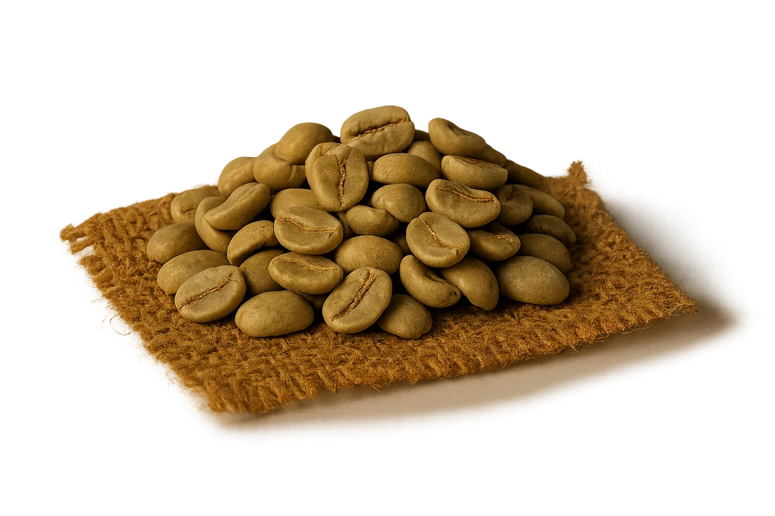 Green unroasted coffee beans on burlap
