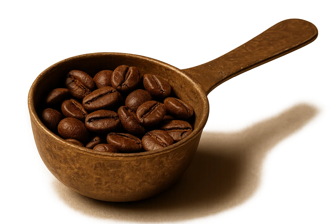 Worn wooden scoop holding roasted beans