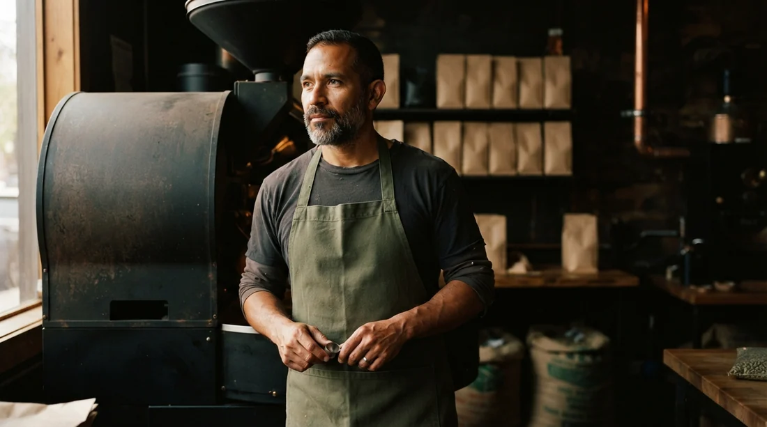 The roaster of Cobble Row standing by his drum