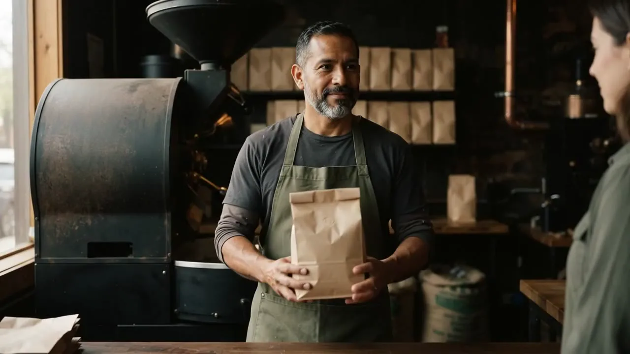 The roaster handing a filled bag across the counter